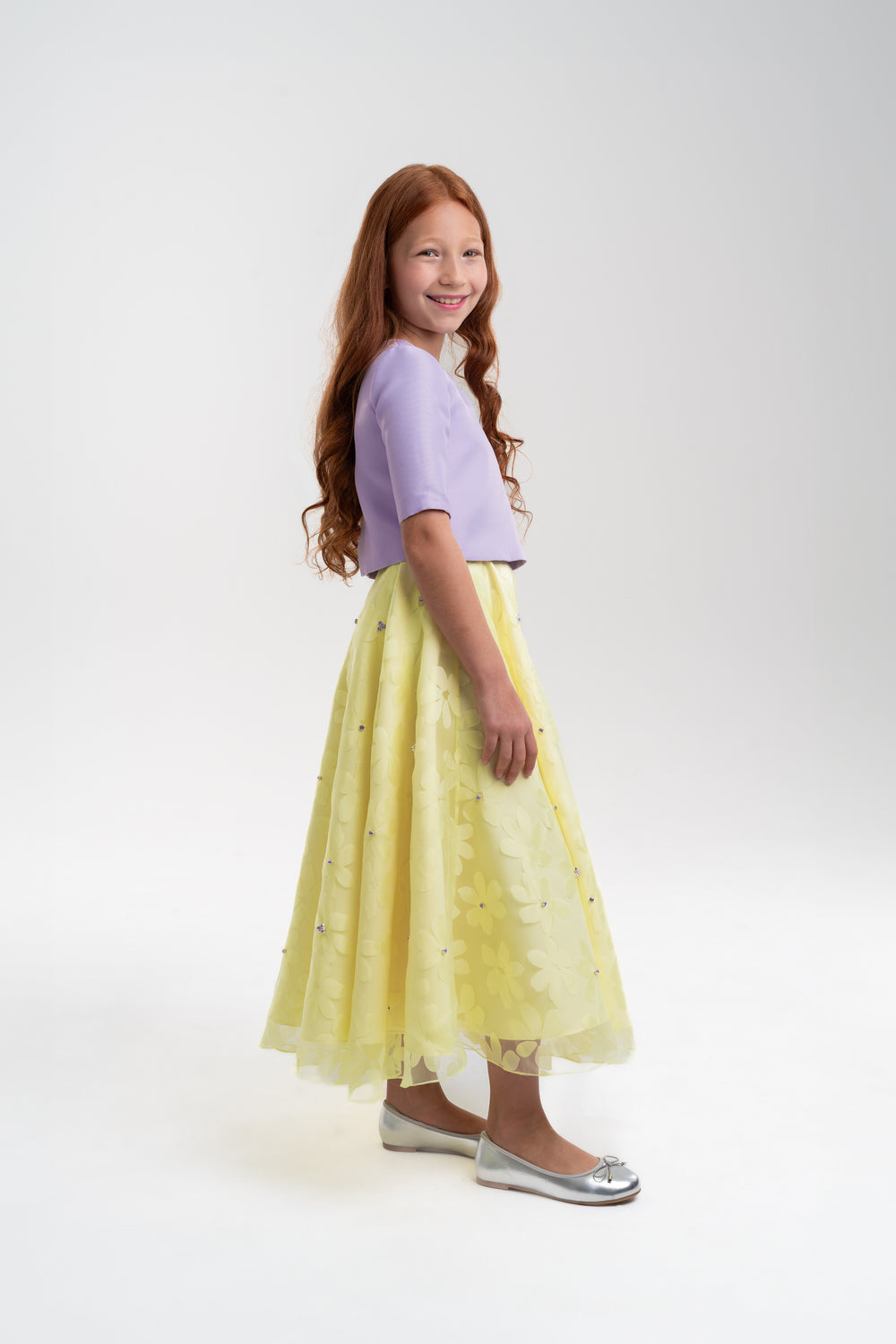 Lavender Top With Floral Yellow Skirt