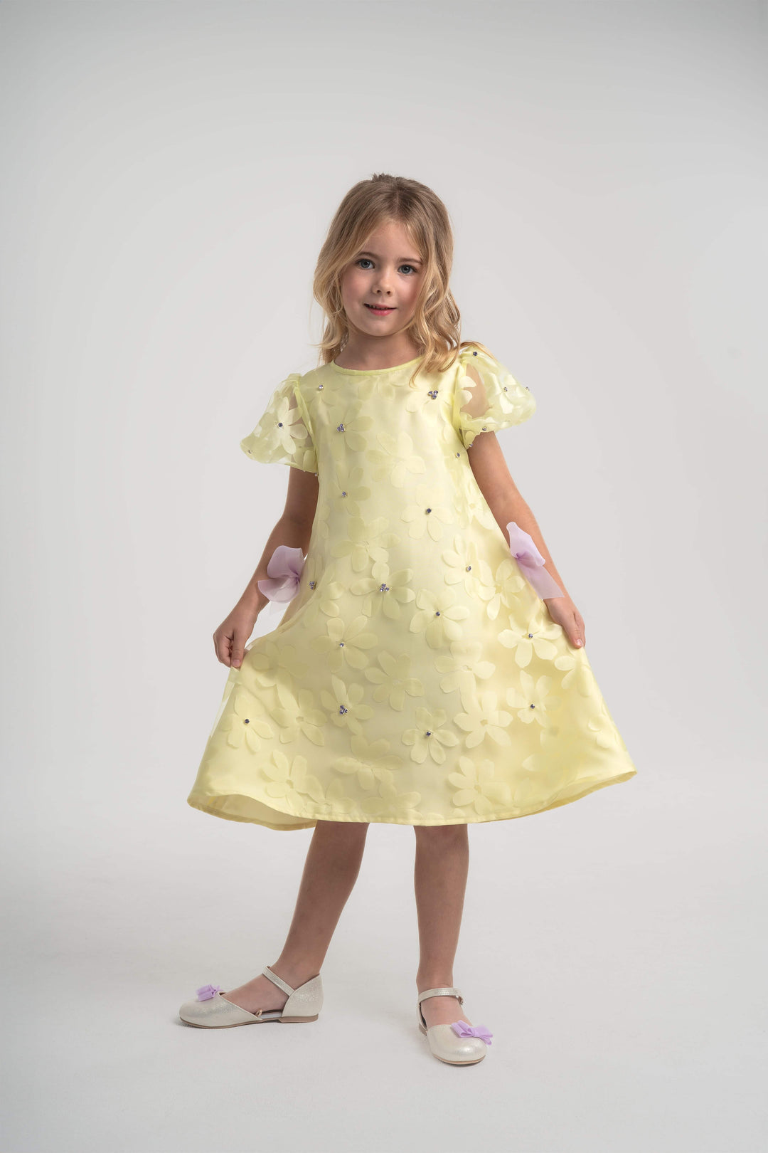 Girls' Floral Print Yellow & Lavender A-Line Dress