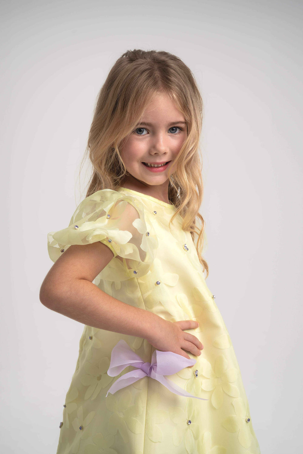 girls floral print yellow and lavender a-line dress