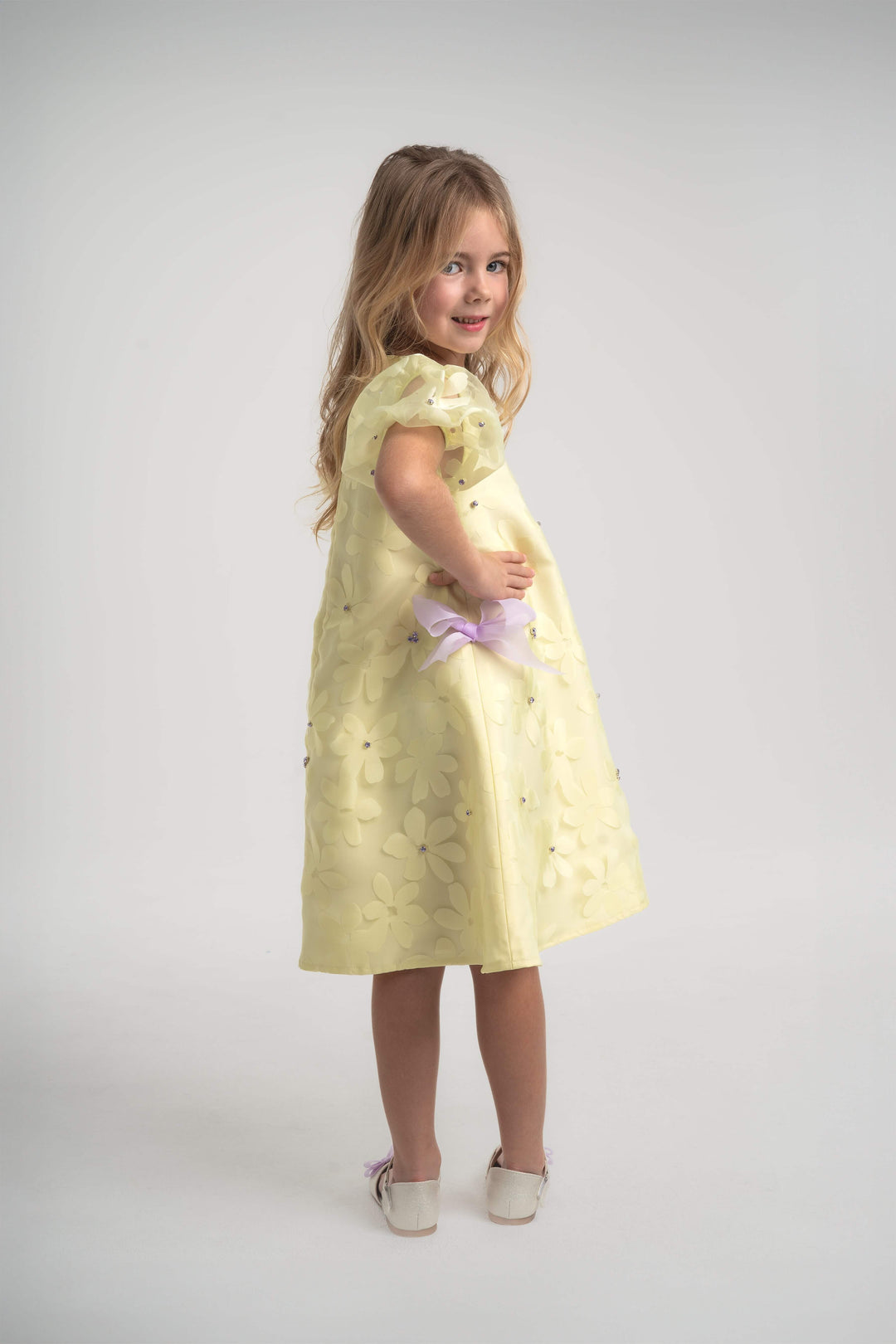 girls floral print yellow and lavender a-line dress