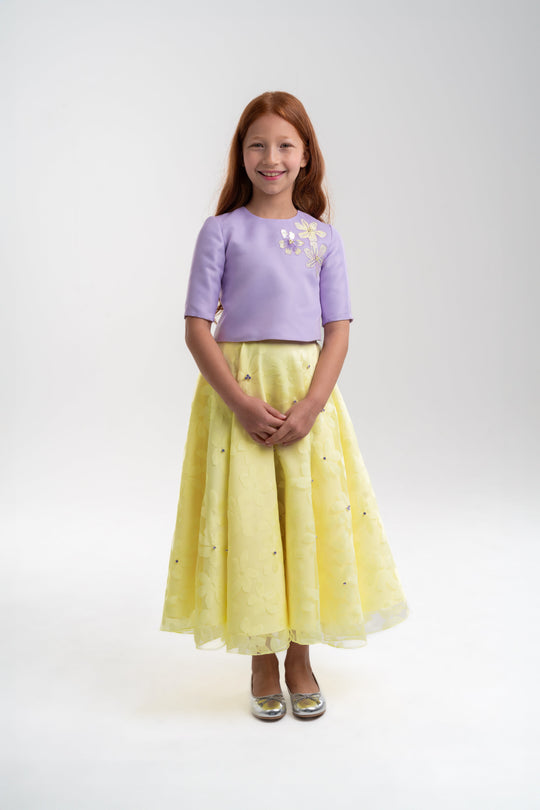 Girls' Lavender Top With Floral Yellow Skirt