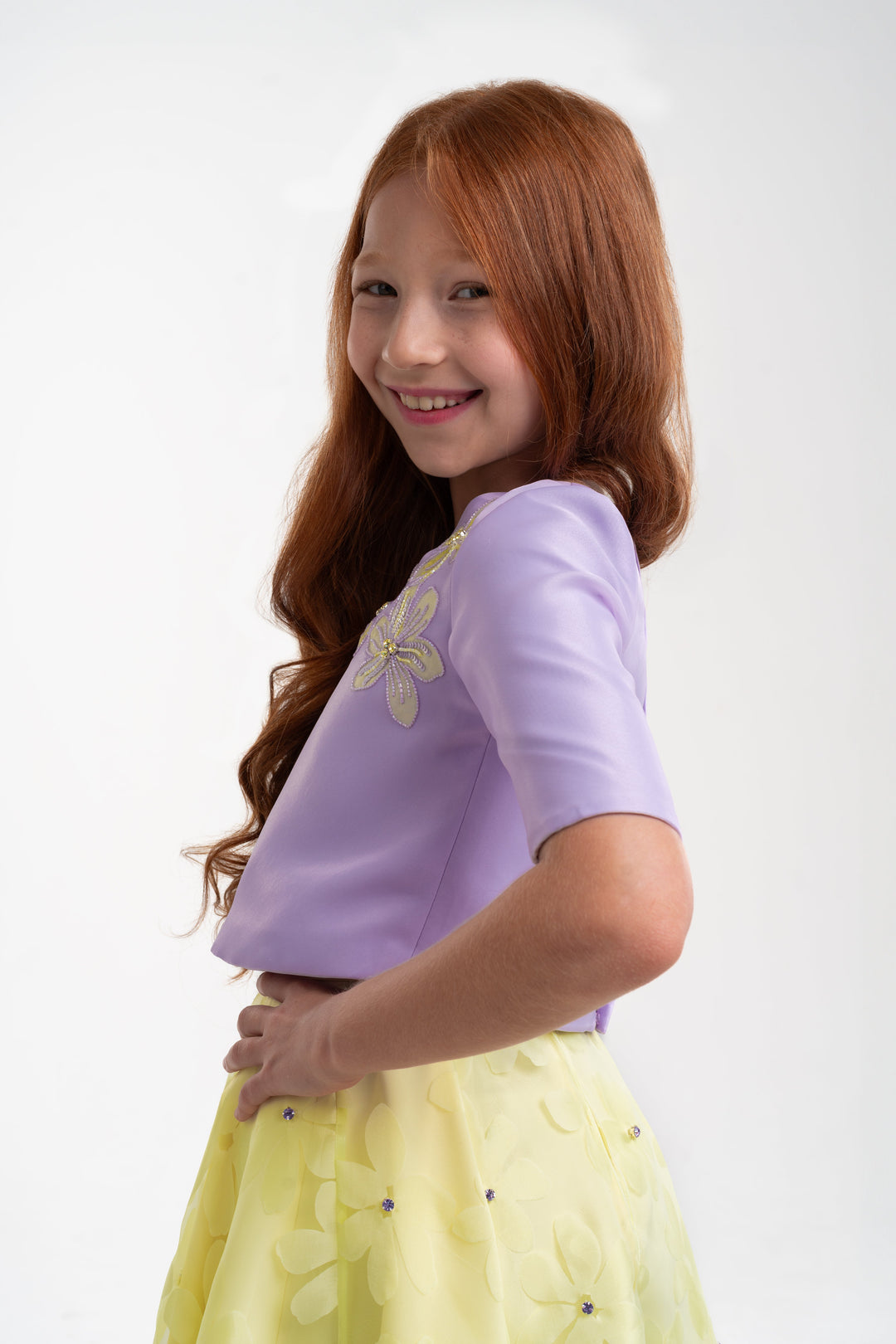 Girls' Lavender Top With Floral Yellow Skirt