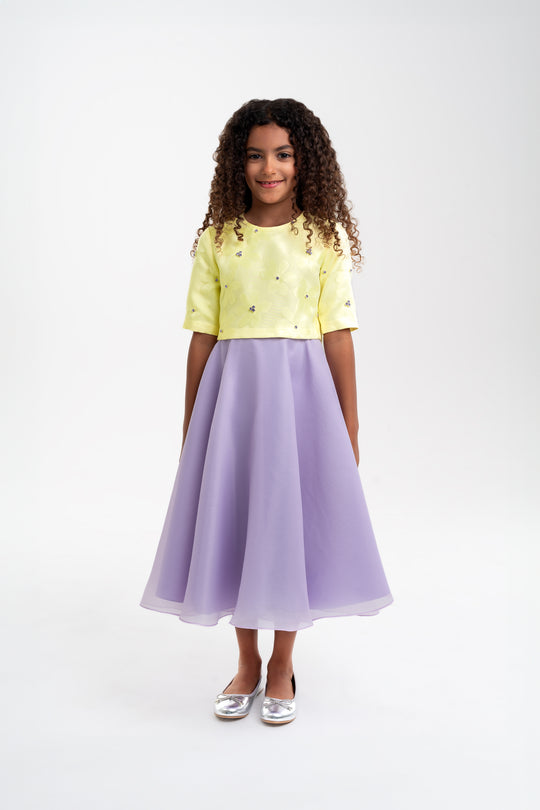 Girls' Yellow Floral Top with Lavender Skirt