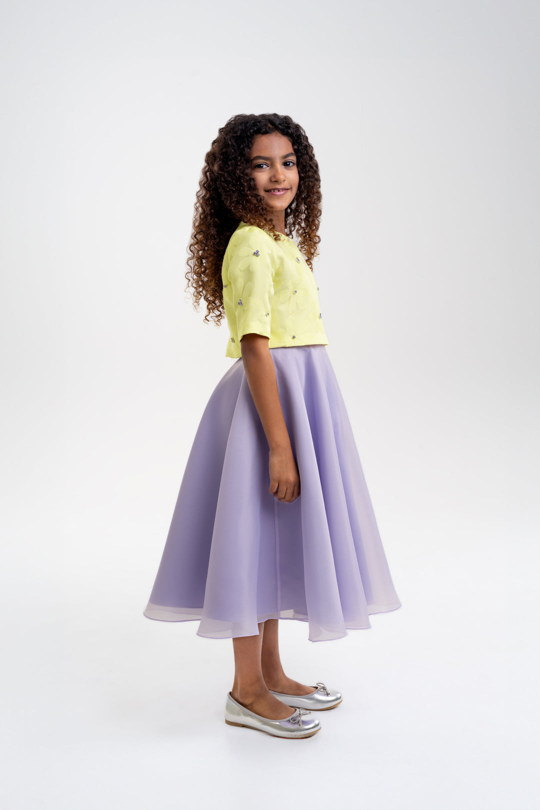 Girls' Yellow Floral Top with Lavender Skirt