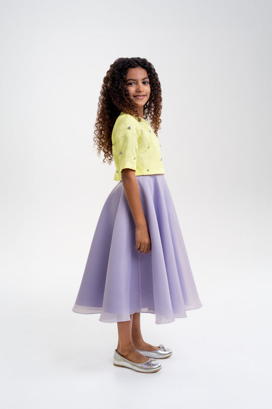 girls yellow floral top with lavender skirt