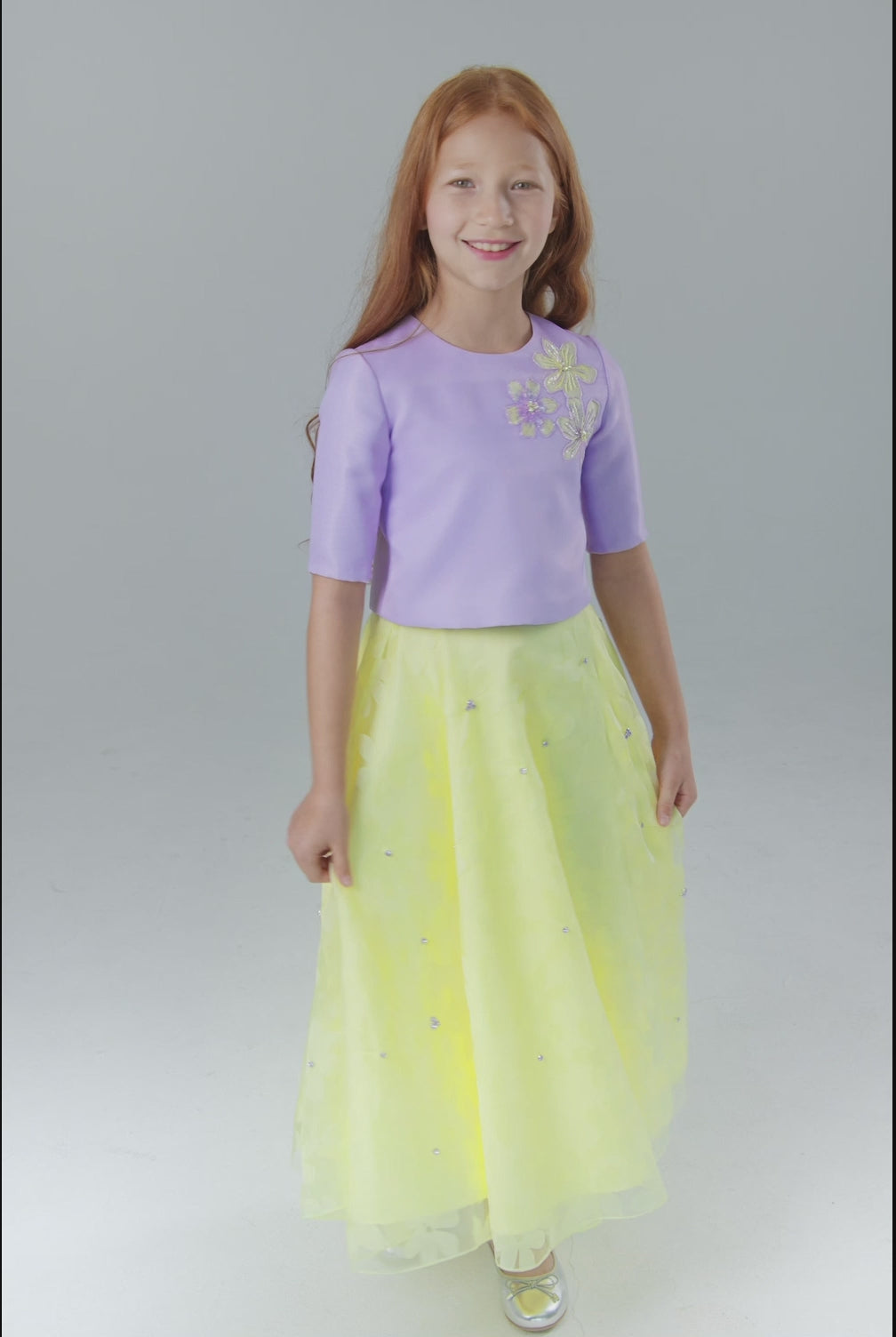 Girls' Lavender Top With Floral Yellow Skirt