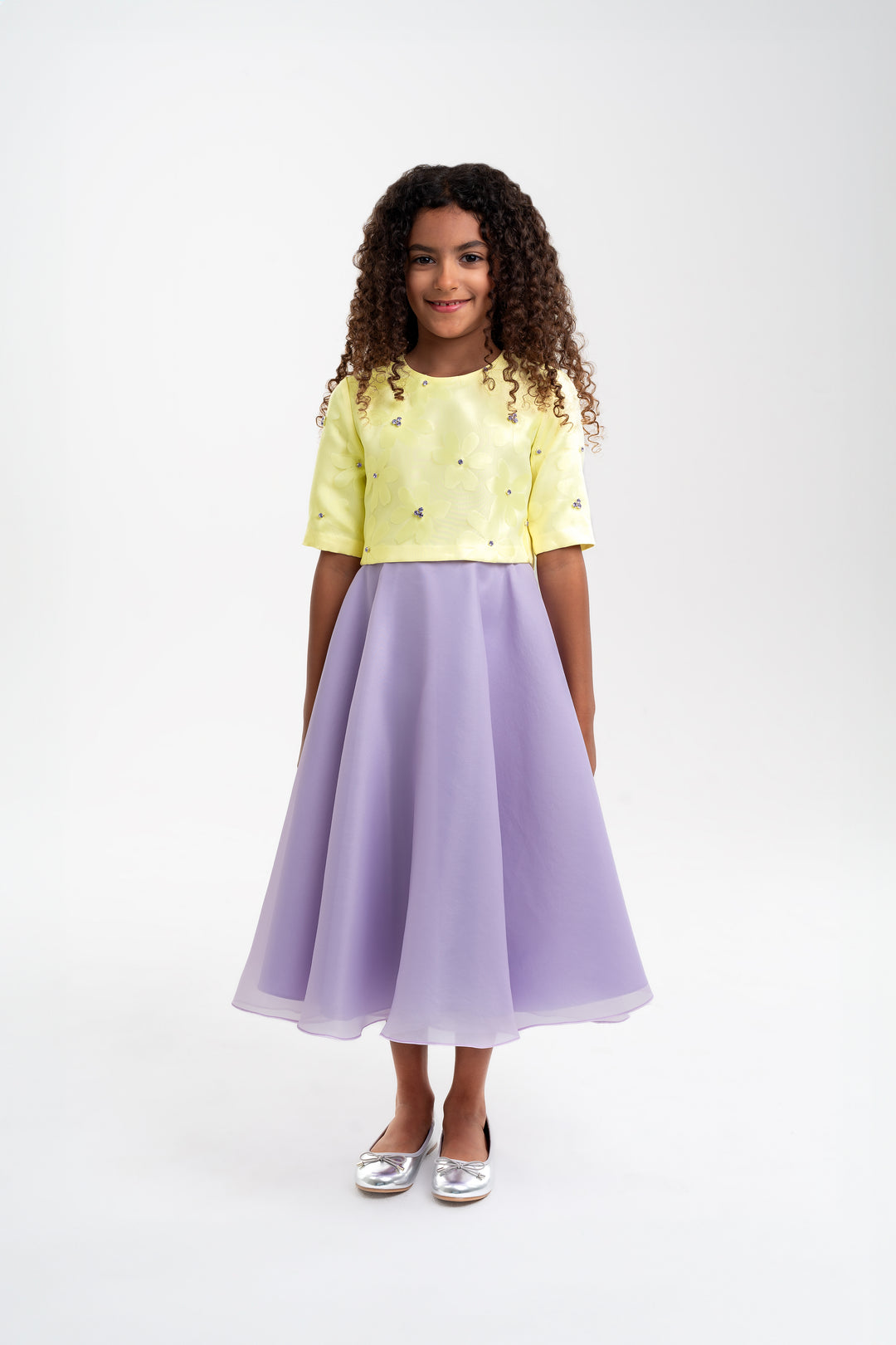 girls yellow  floral top with lavender skirt video